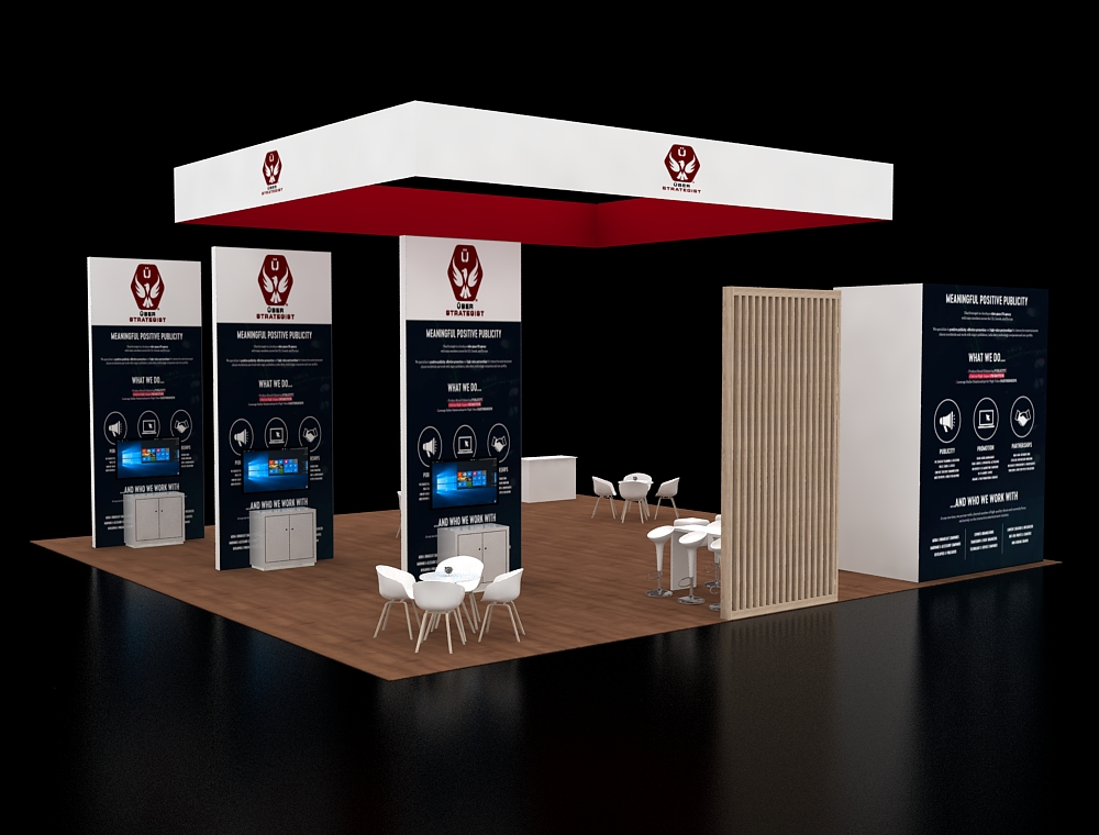 Trade booth 40x40 with wide LED display wall