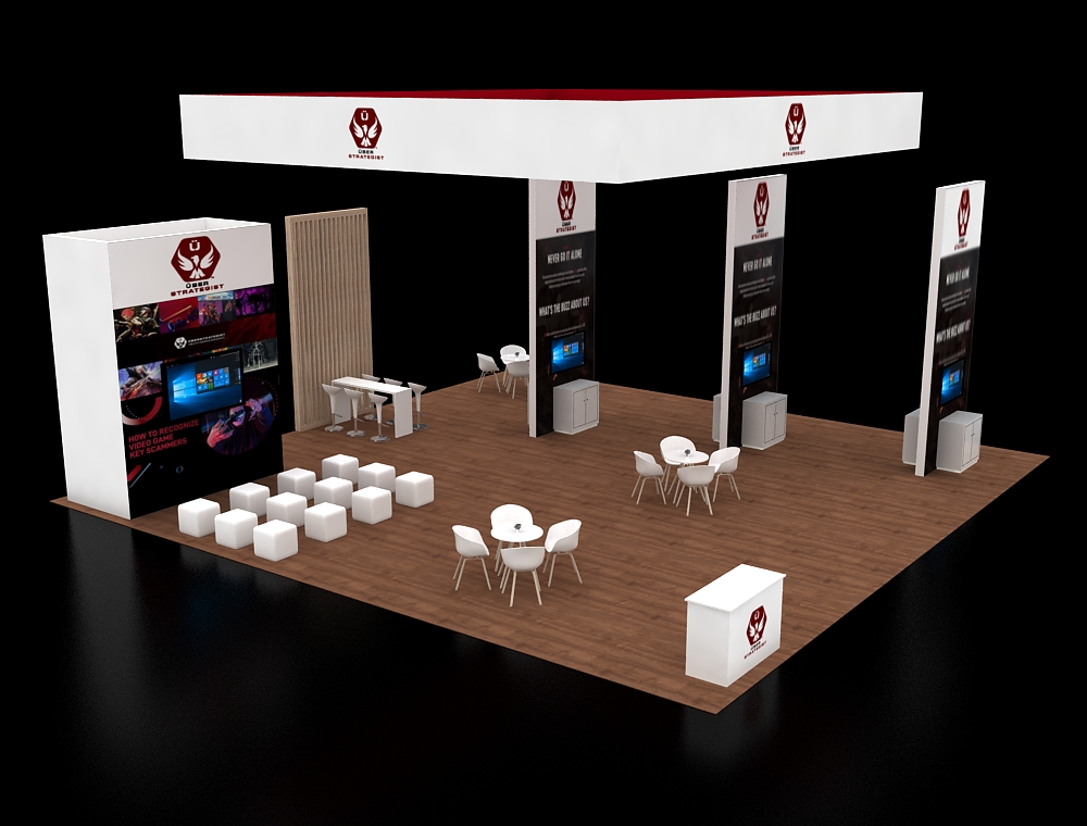 Trade booth 40x40 with wide LED display wall