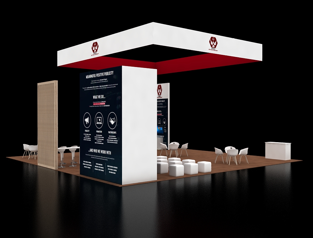 Trade booth 40x40 with wide LED display wall