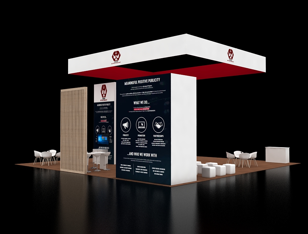 Trade booth 40x40 with wide LED display wall