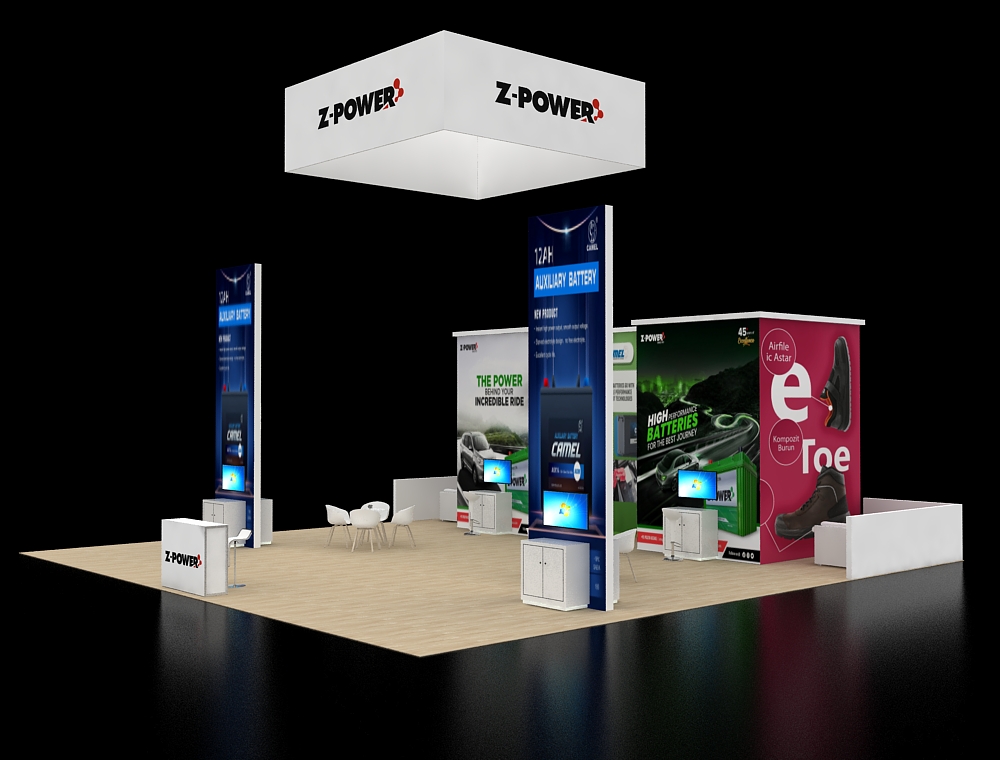 40x40 display booth with corner demo stations