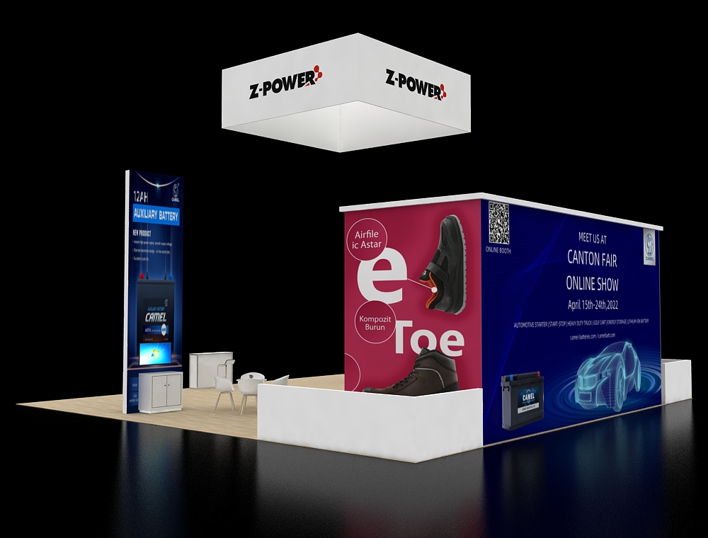 40x40 display booth with corner demo stations