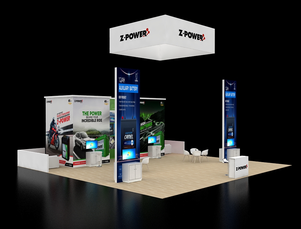40x40 display booth with corner demo stations