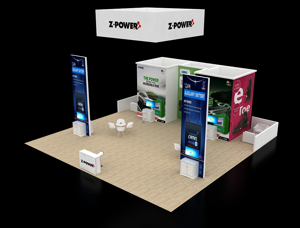 40x40 display booth with corner demo stations