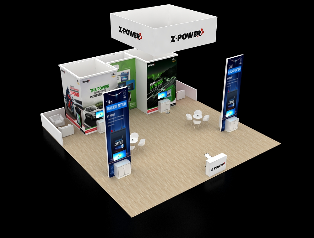 40x40 display booth with corner demo stations