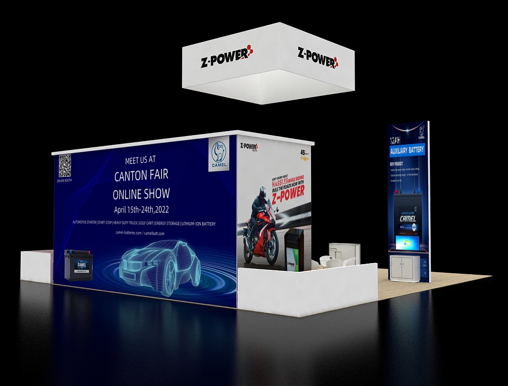 40x40 display booth with corner demo stations