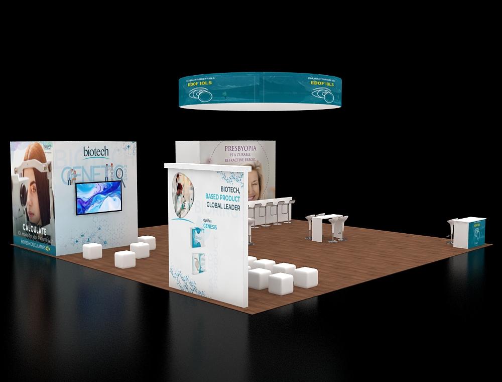 40x40 booth with central demo and product walls