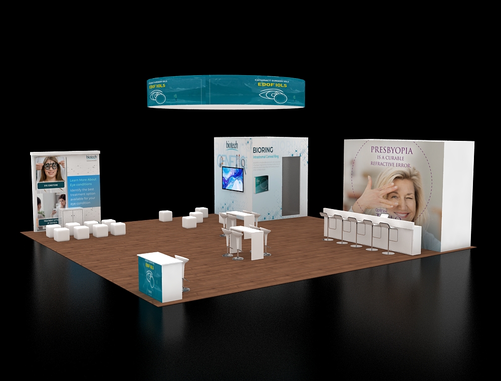 40x40 booth with central demo and product walls