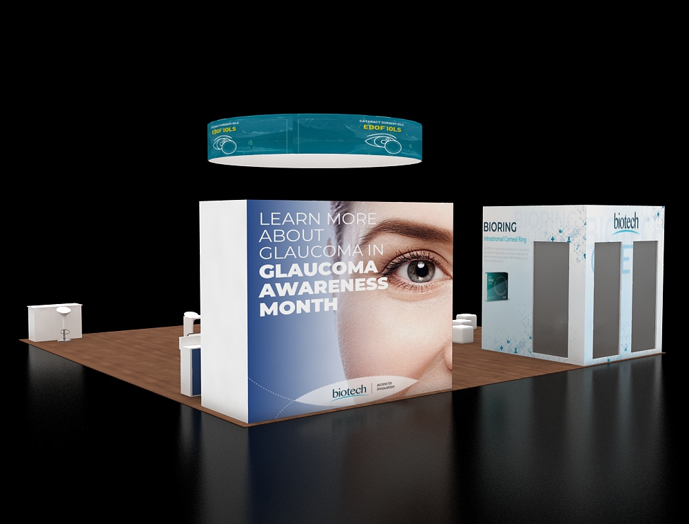 40x40 booth with central demo and product walls