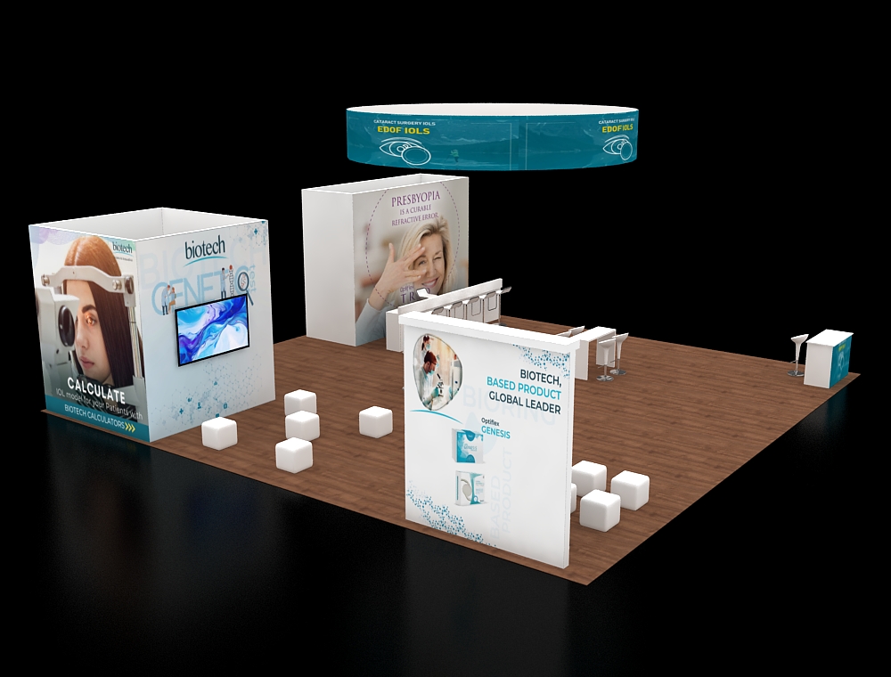 40x40 booth with central demo and product walls