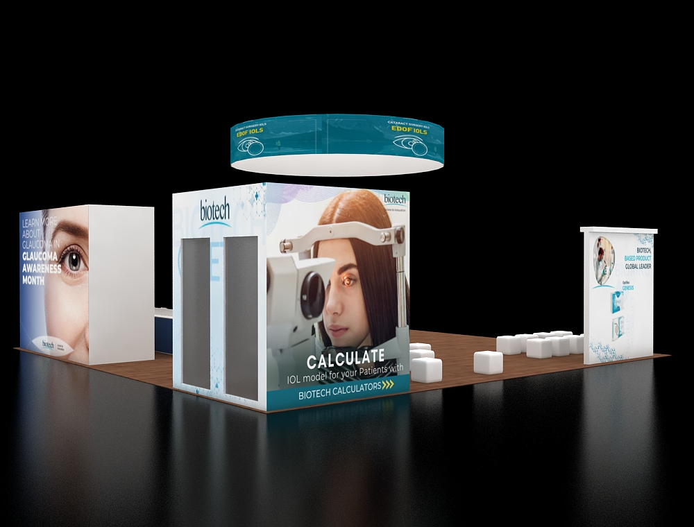 40x40 booth with central demo and product walls