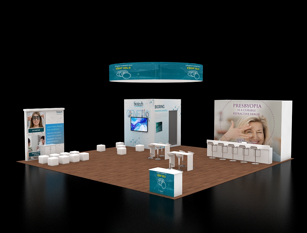 40x40 booth with central demo and product walls