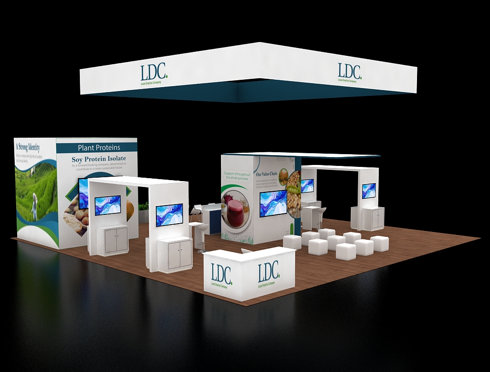 40x40 trade booth with open lounge area