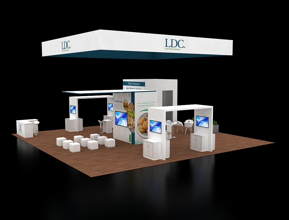 40x40 trade booth with open lounge area