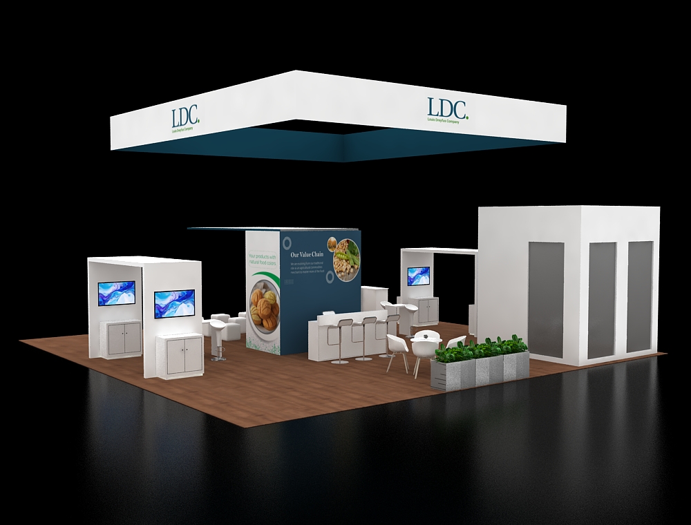 40x40 trade booth with open lounge area