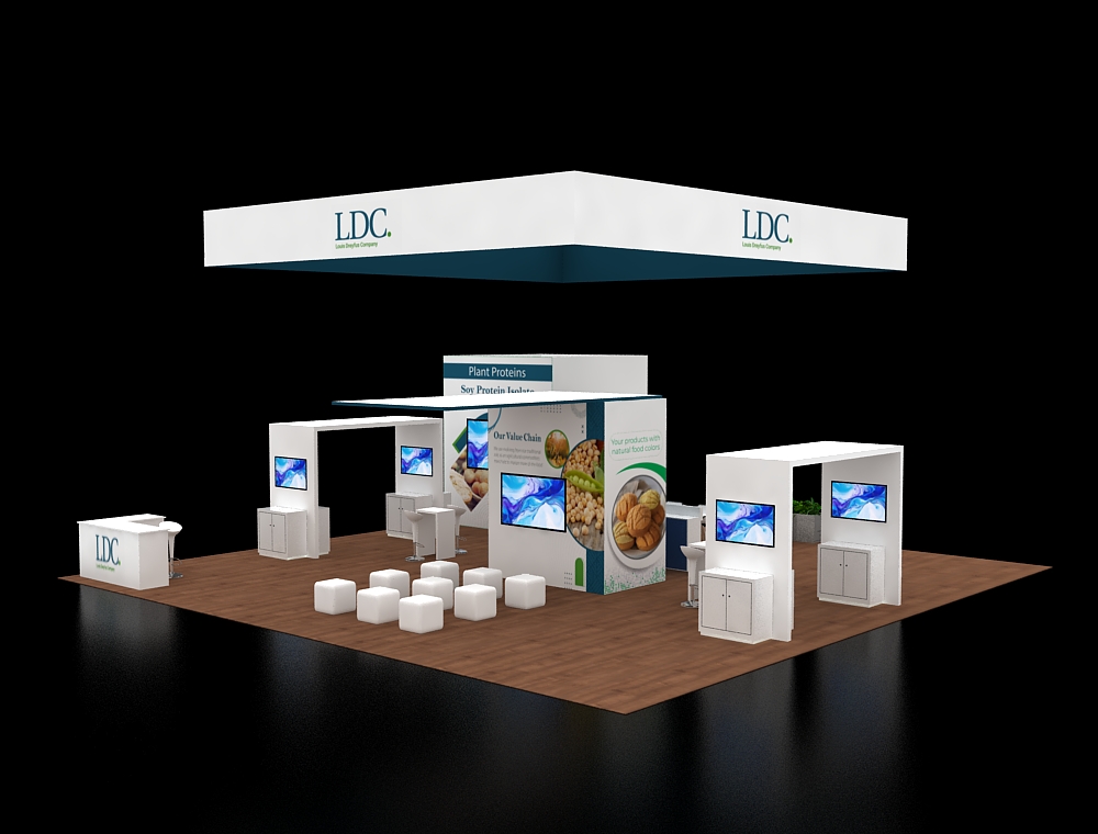 40x40 trade booth with open lounge area