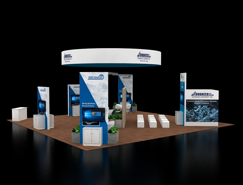 40x40 display booth with central reception desk