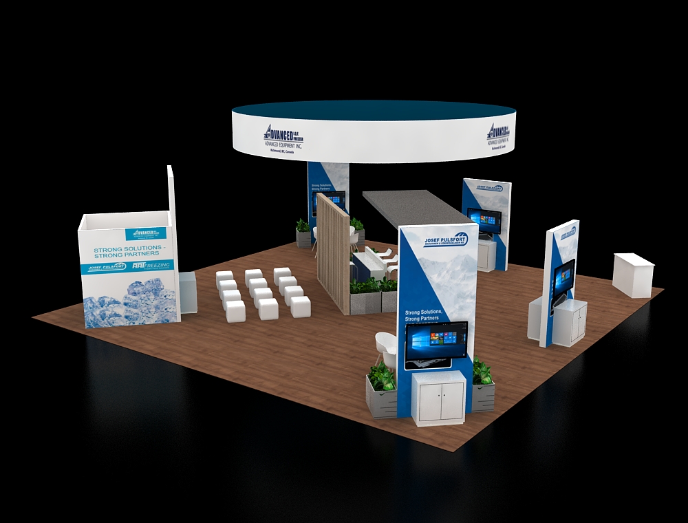 40x40 display booth with central reception desk