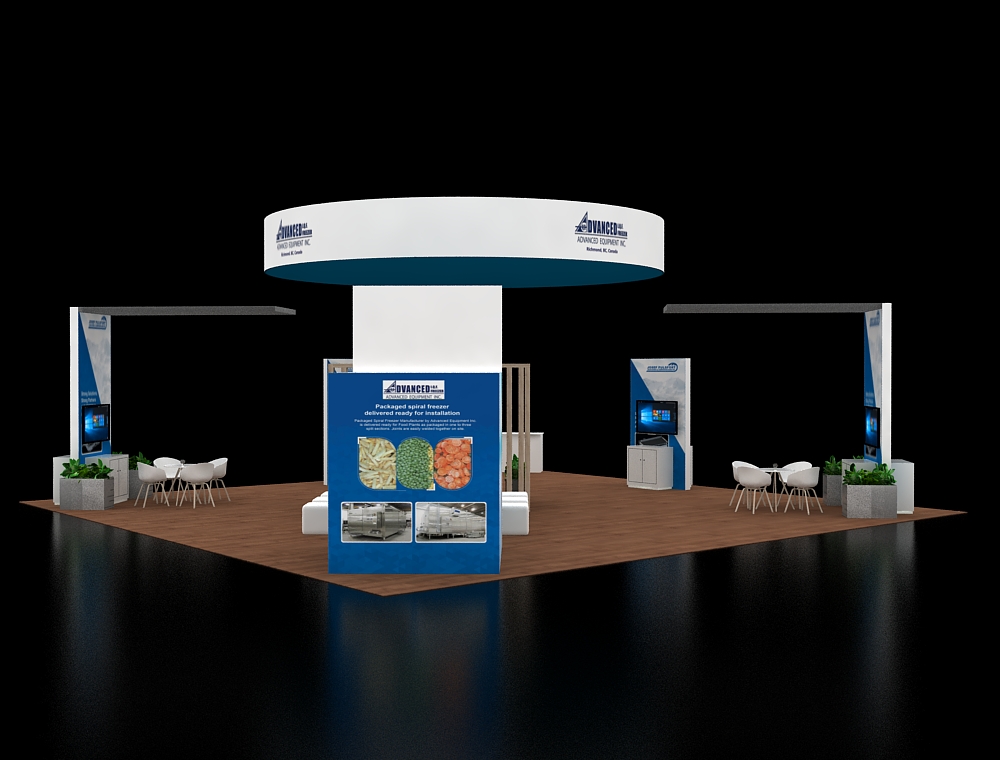 40x40 display booth with central reception desk