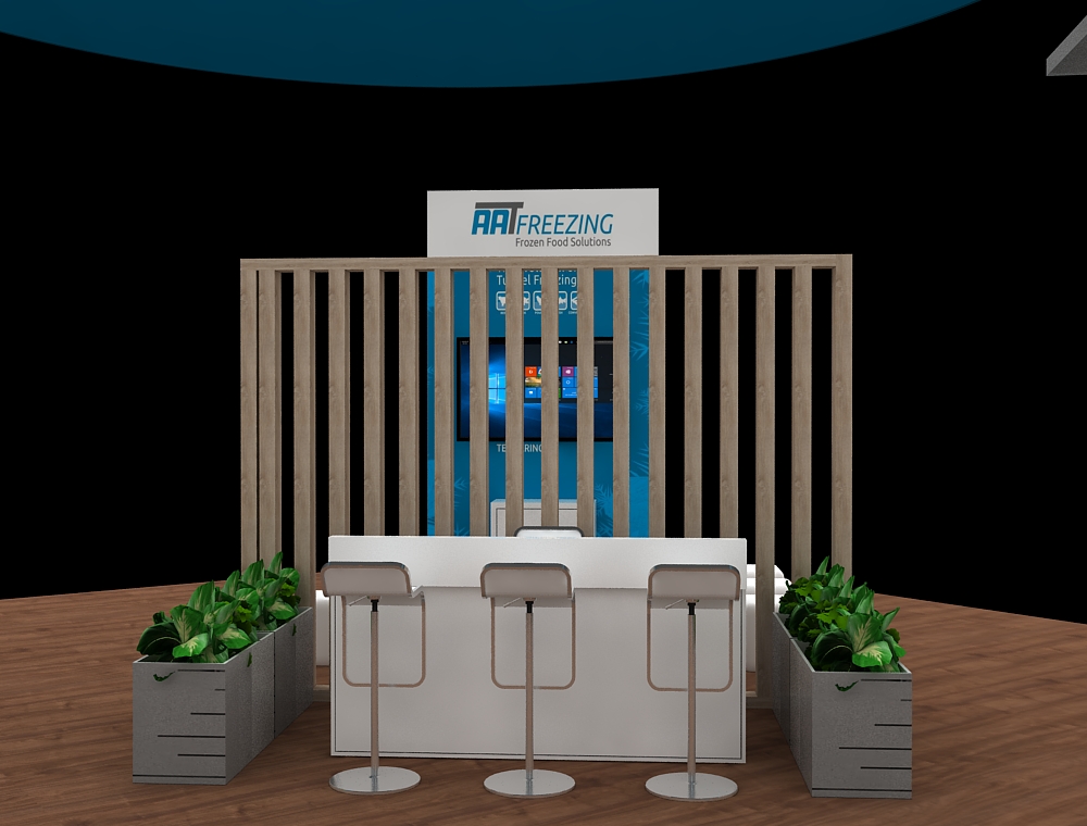 40x40 display booth with central reception desk