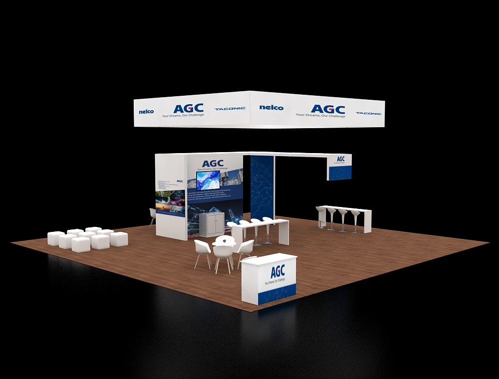 40x40 booth with dual LED header signage