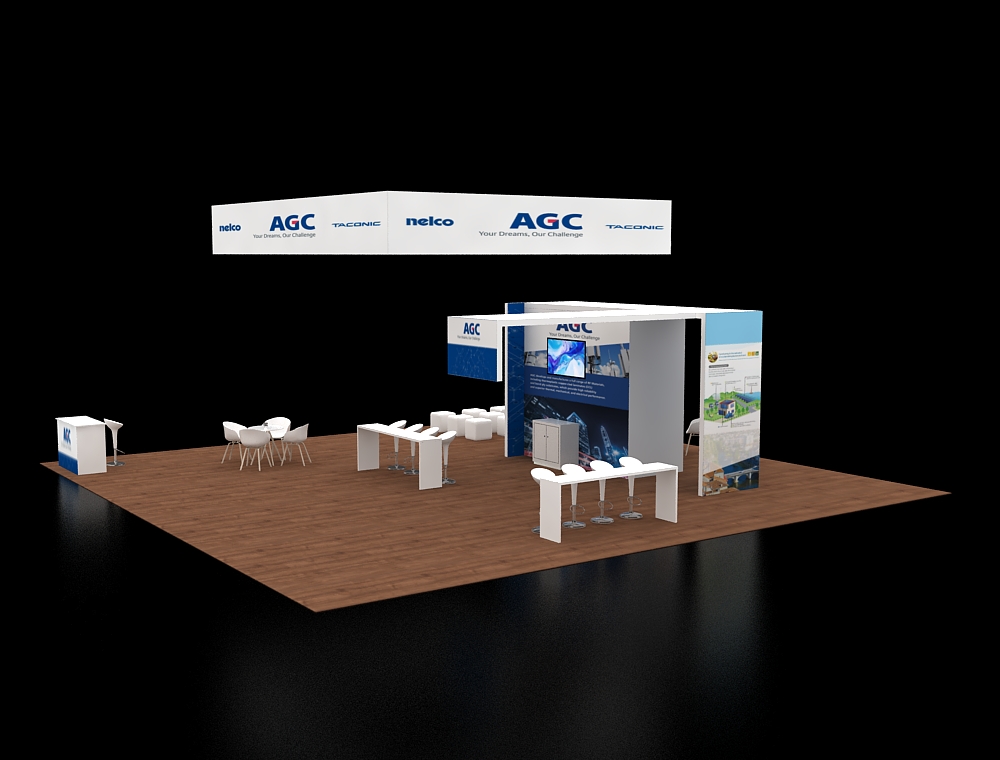 40x40 booth with dual LED header signage