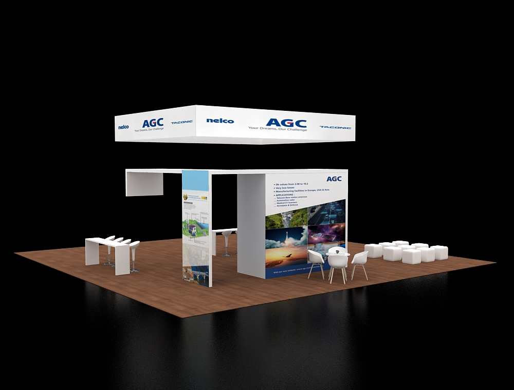 40x40 booth with dual LED header signage