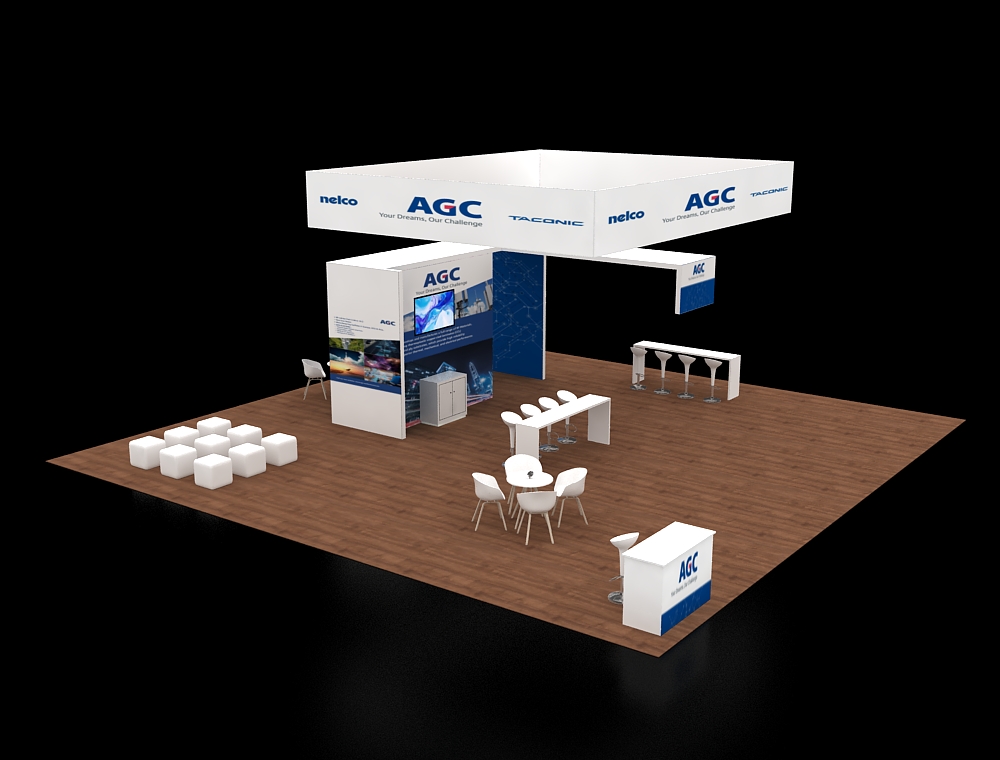 40x40 booth with dual LED header signage