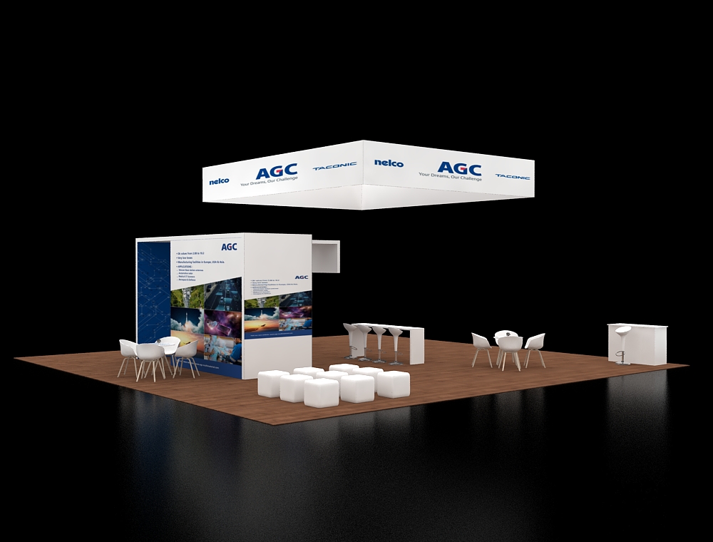 40x40 booth with dual LED header signage