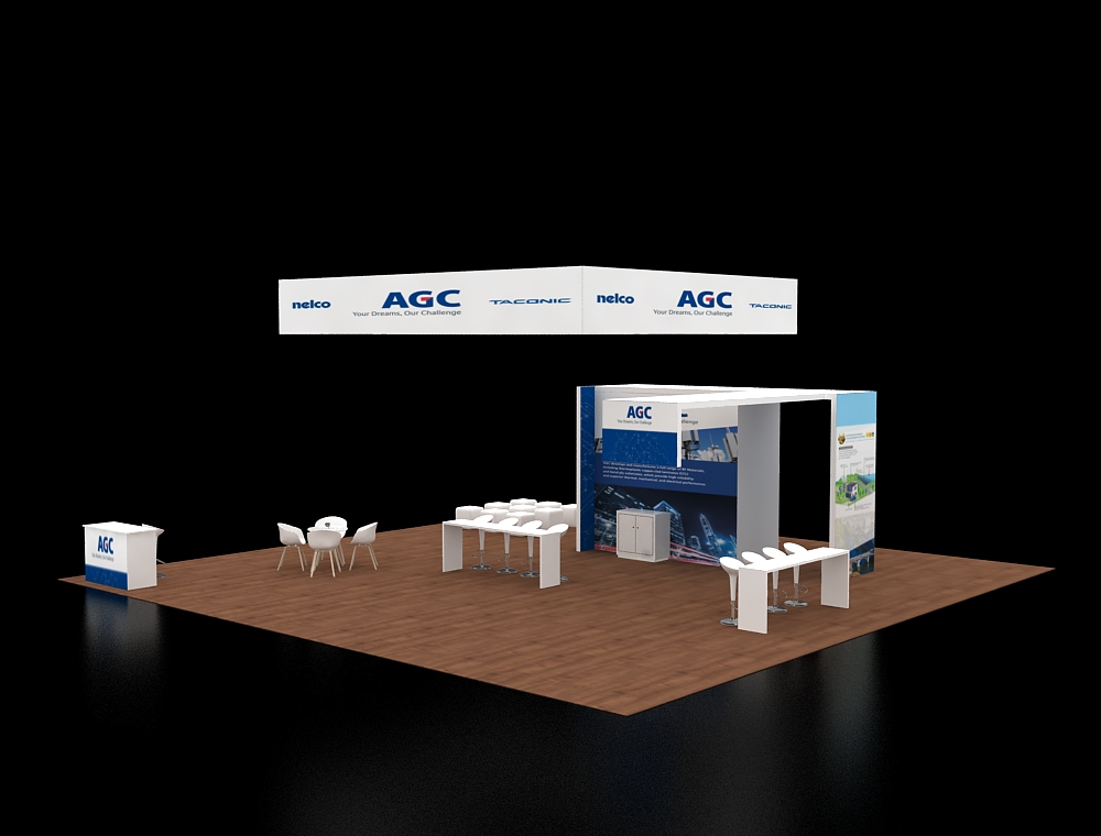 40x40 booth with dual LED header signage