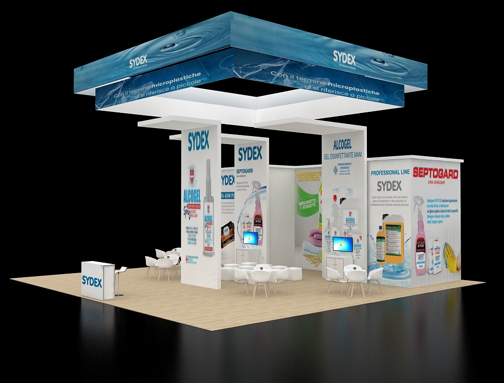 Exhibit 40x40 with corner seating and counters