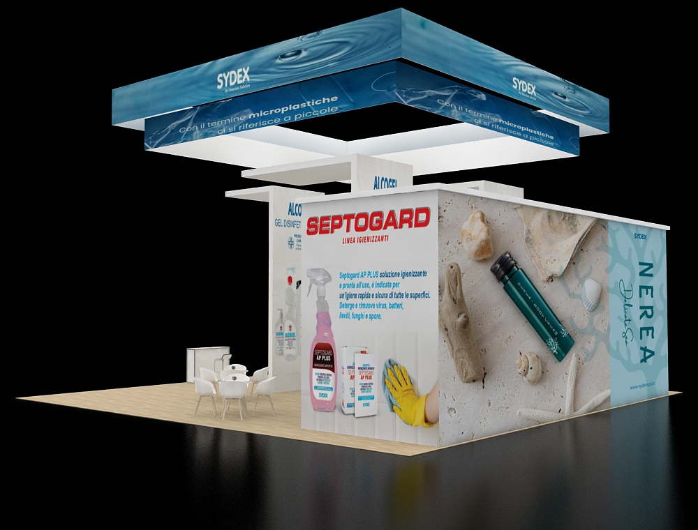 Exhibit 40x40 with corner seating and counters