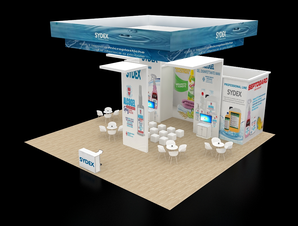 Exhibit 40x40 with corner seating and counters