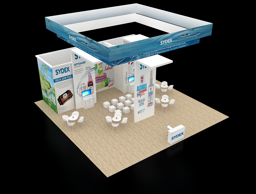 Exhibit 40x40 with corner seating and counters