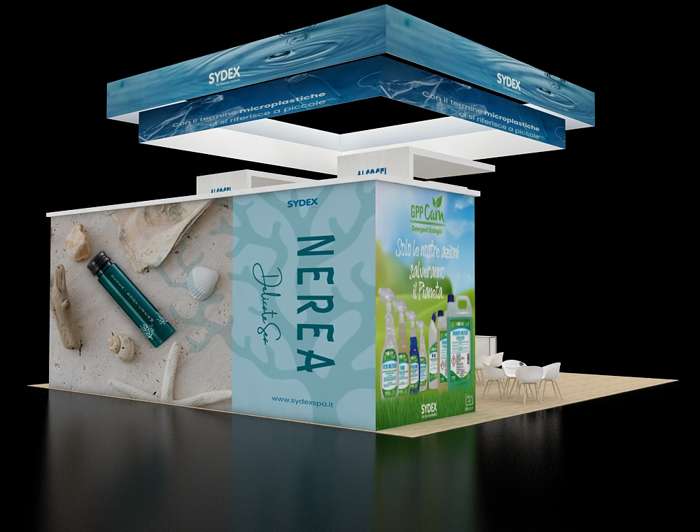 Exhibit 40x40 with corner seating and counters