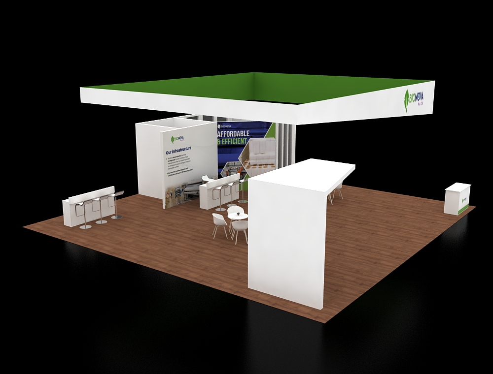 40x40 booth with open product demo walls