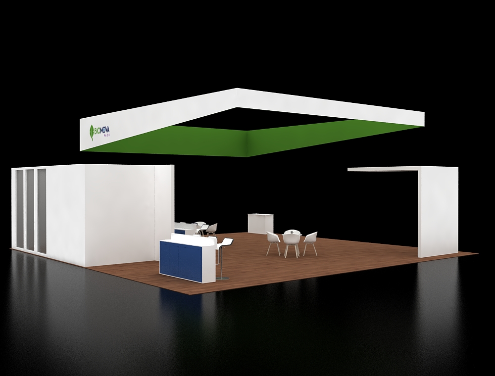 40x40 booth with open product demo walls