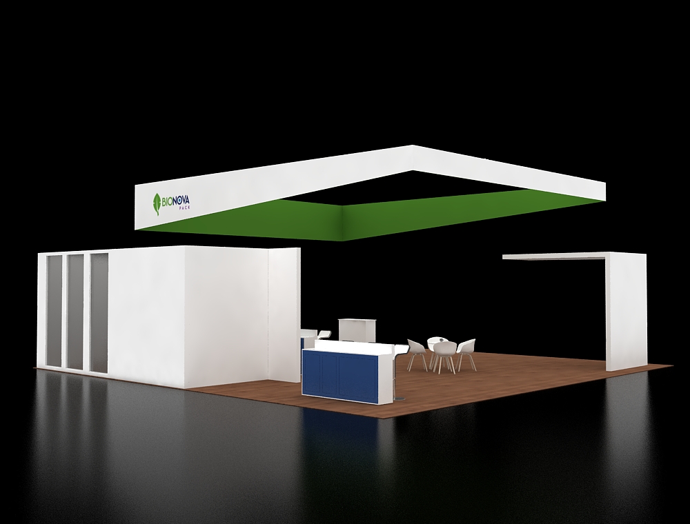 40x40 booth with open product demo walls