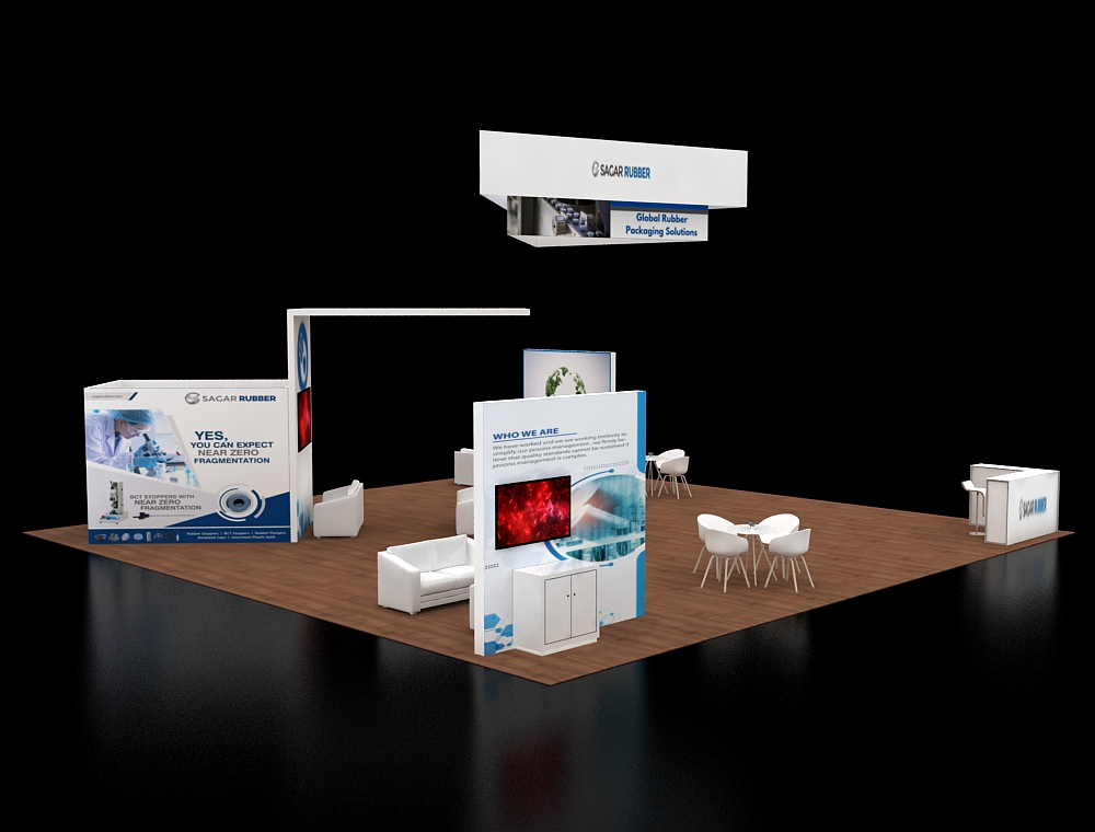 Trade booth 40x40 with modular shelving units