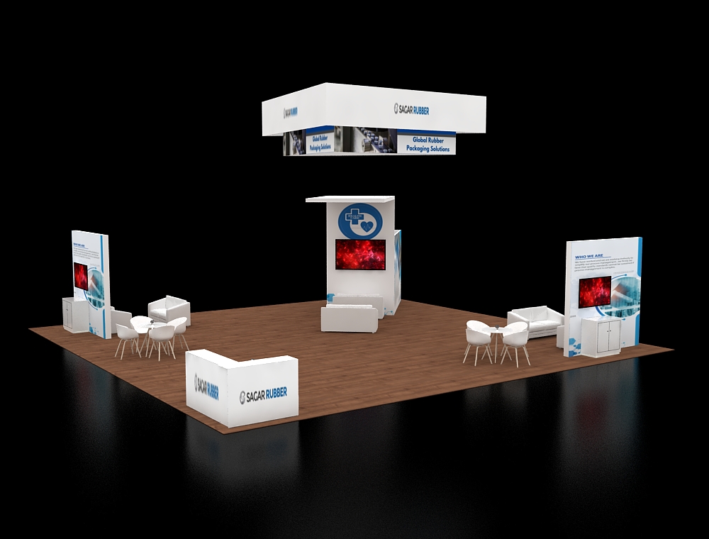 Trade booth 40x40 with modular shelving units