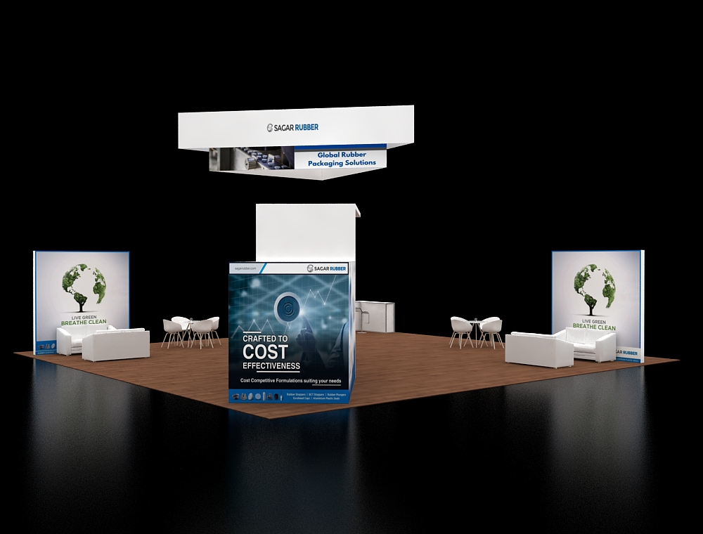 Trade booth 40x40 with modular shelving units