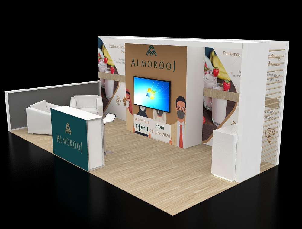 Custom exhibit booth with display counters