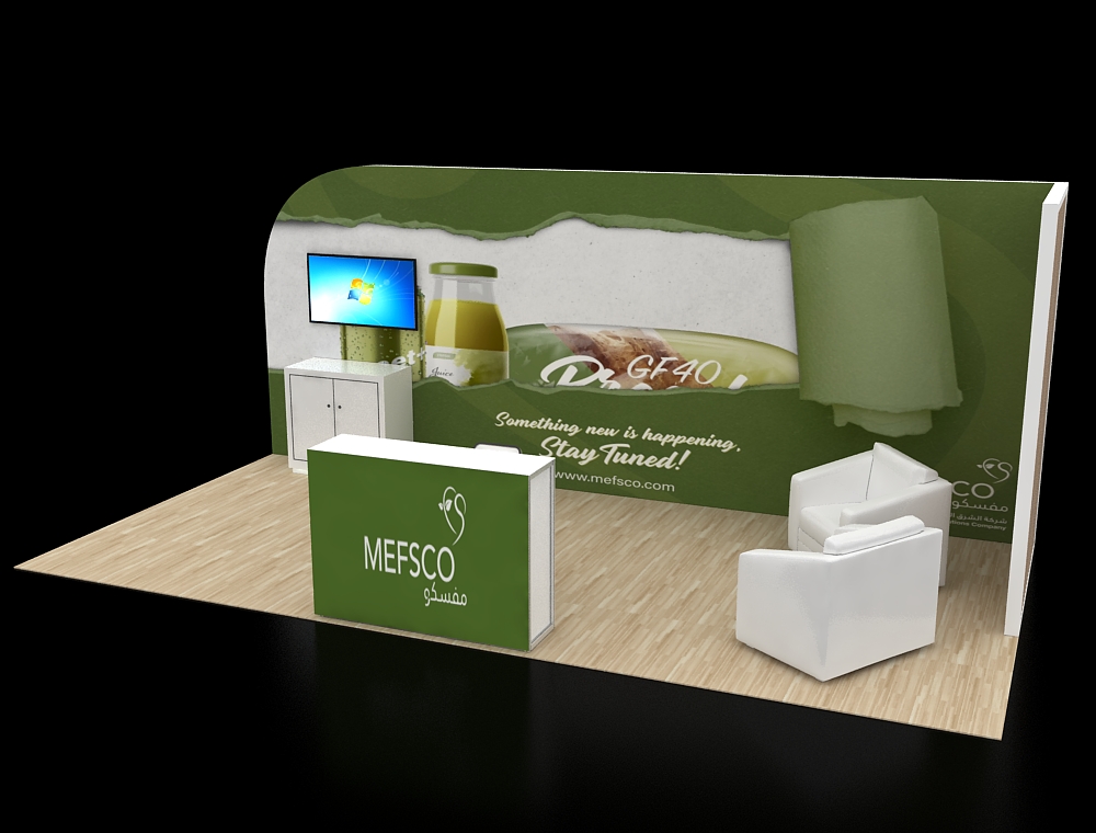 Trade show booth with promotional banners and counters