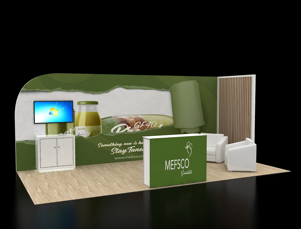 Trade show booth with promotional banners and counters