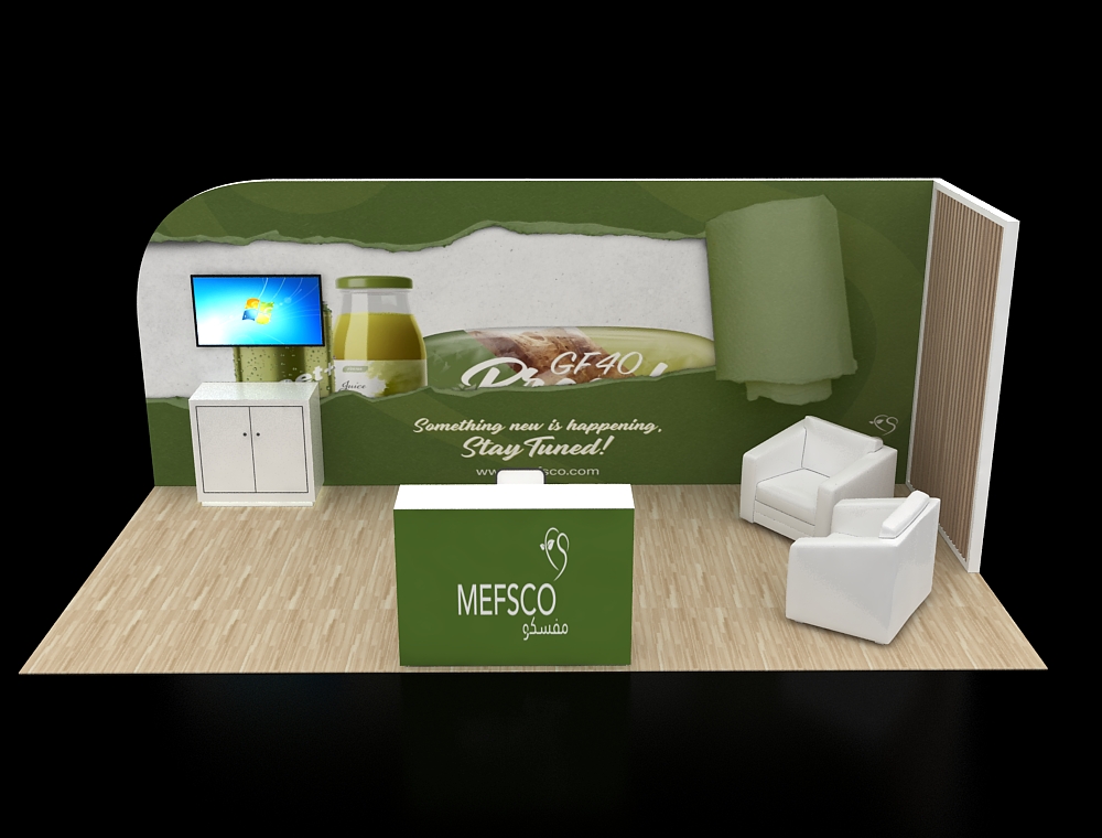 Trade show booth with promotional banners and counters