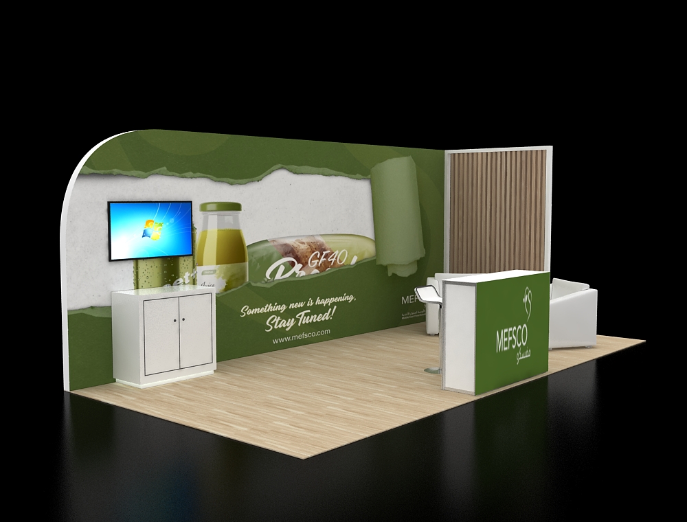 Trade show booth with promotional banners and counters