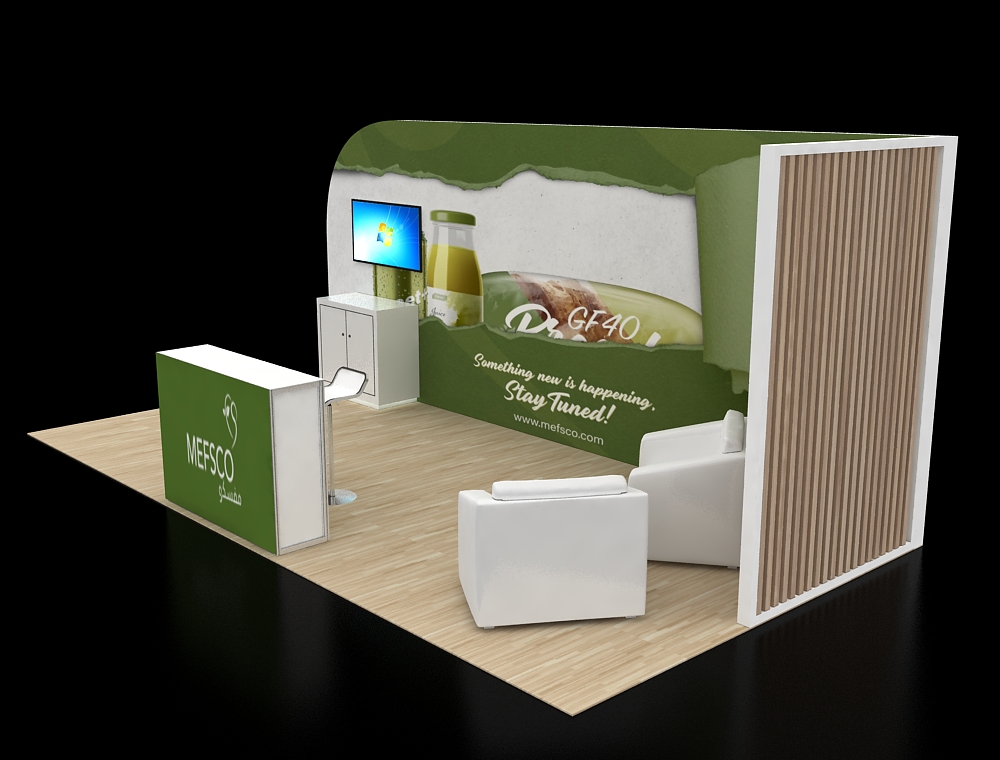Trade show booth with promotional banners and counters