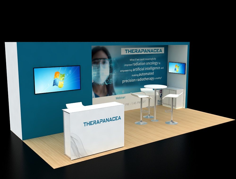 Modern booth layout with product display panels