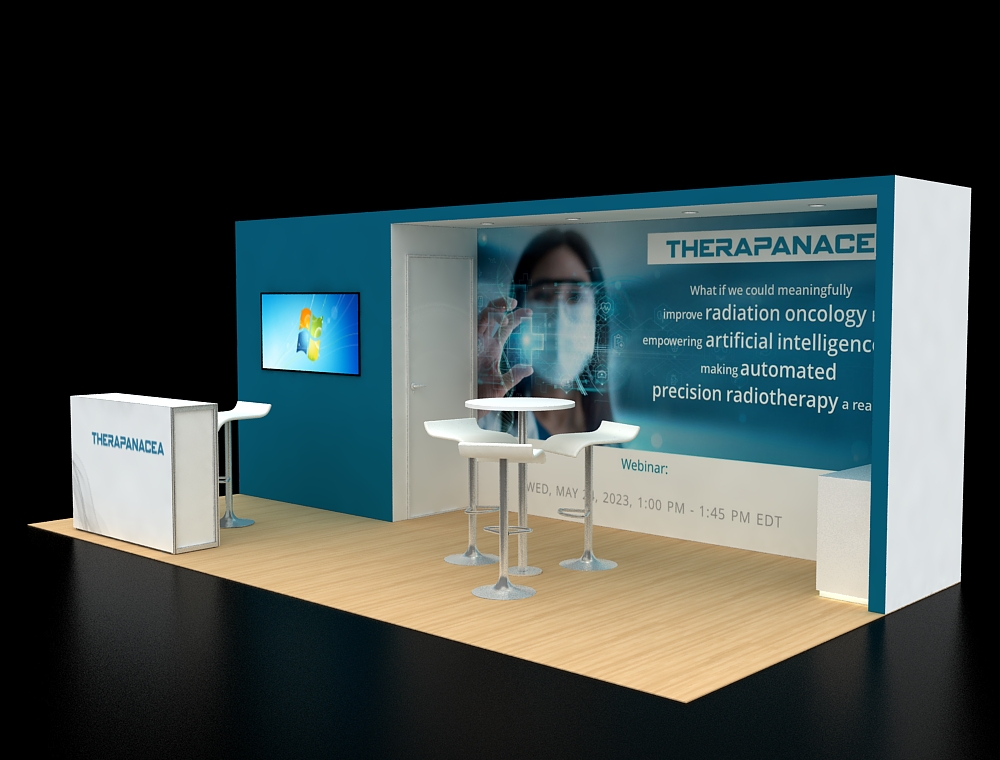 Modern booth layout with product display panels