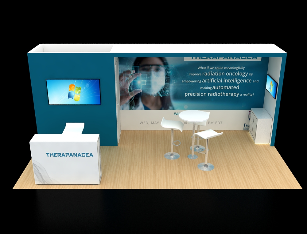 Modern booth layout with product display panels